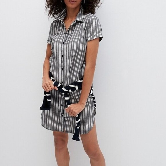 NWT Banana Republic Shirt Dress Black White Stripe Linen Cotton Blend size 0 - Picture 1 of 7